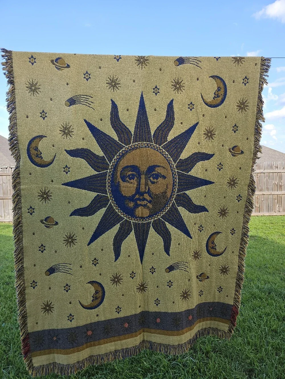 Vintage Sun & Stars Woven Tapestry Throw Blanket 90s Reversible